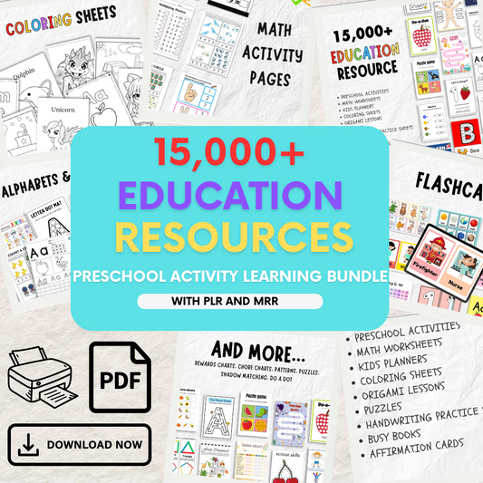 Ultimate Kids Learning Mega Bundle PLR & MRR Preschool Worksheets, Kids’ Planners & Chore Charts